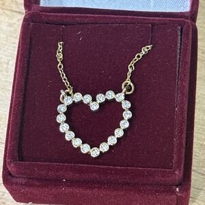 Signed NRT Gold Tone Open Heart Clear Rhinestone Pendant Necklace w/ Box